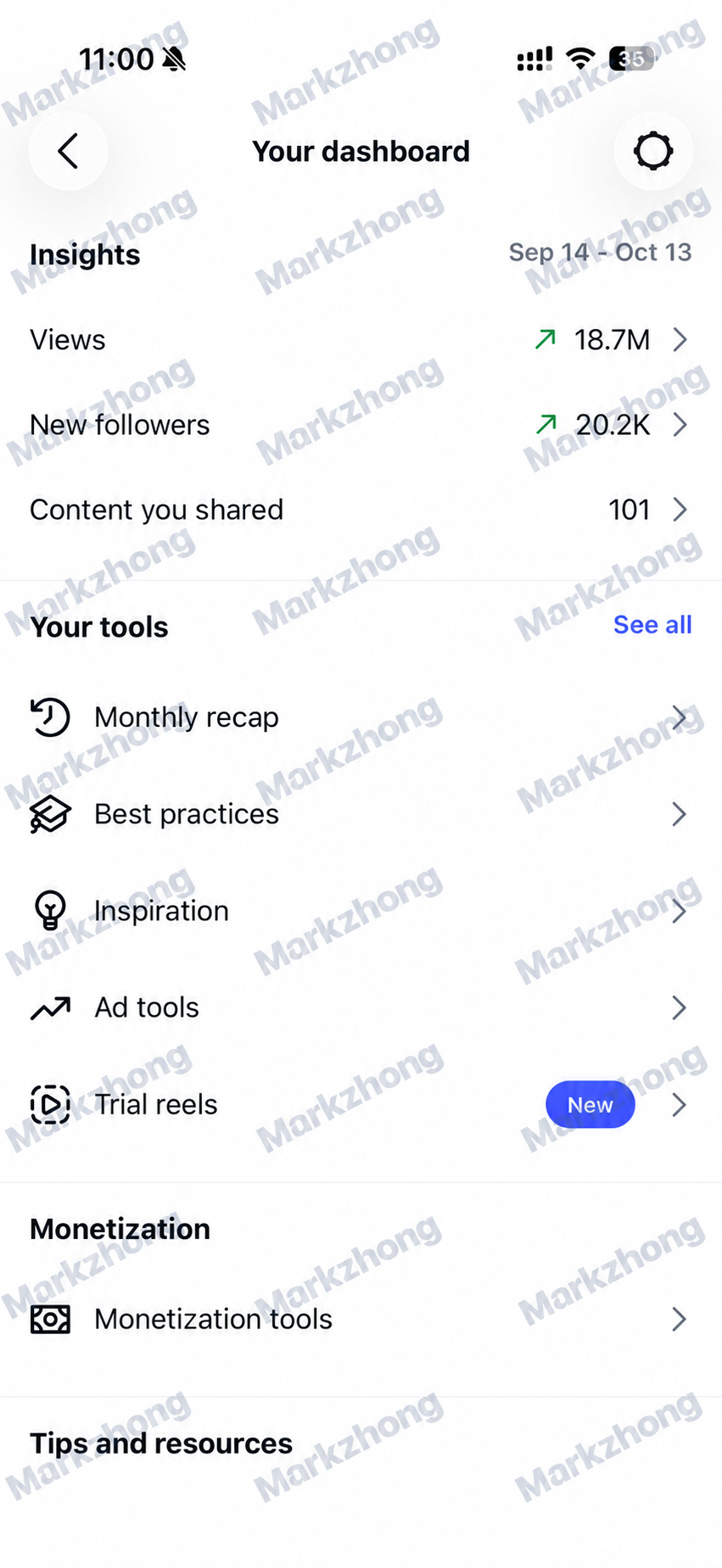 Watermarked client dashboard showing 18.7 million views in a later 30-day reporting period
